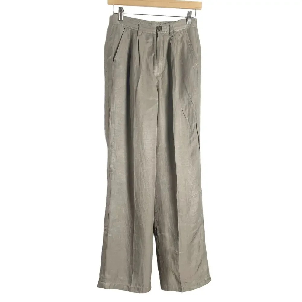 Anine Bing Carrie Pleated Wide Leg Linen High Waist Trouser Pants Size XS